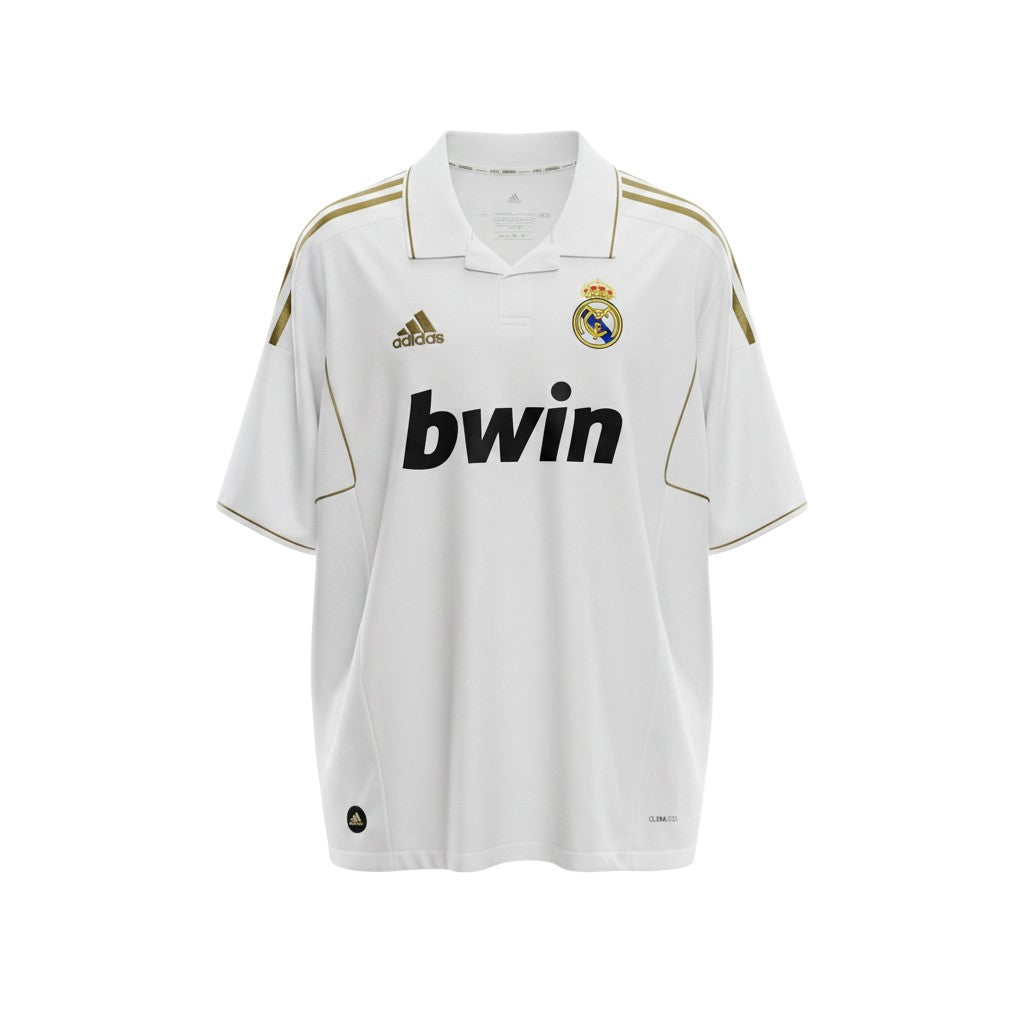 Hinchas Sportswear Store white Adidas Real Madrid 2011-12 retro jersey with gold trim and bwin sponsor.