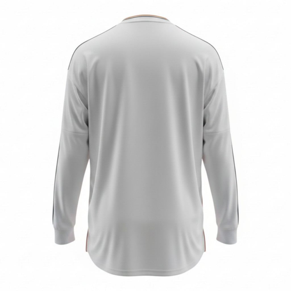 Hinchas Sportswear Store Real Madrid 2013-14 long sleeve jersey, white with dark grey Adidas stripes and orange trim.