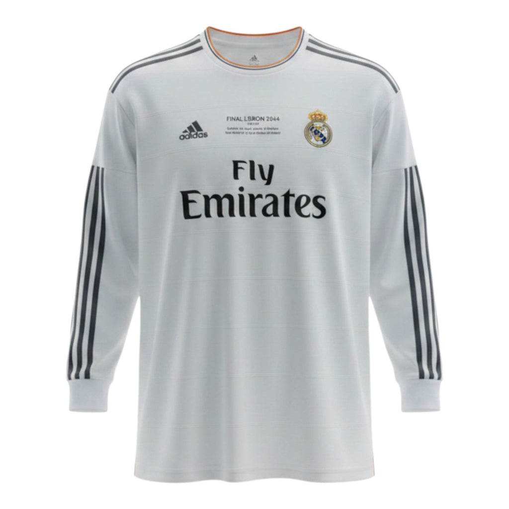 Hinchas Sportswear Store white long sleeve Real Madrid 2013-14 UCL Final jersey with dark grey Adidas stripes, orange trim, and special Lisbon 2014 badge.