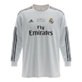 Hinchas Sportswear Store white long sleeve Real Madrid 2013-14 UCL Final jersey with dark grey Adidas stripes, orange trim, and special Lisbon 2014 badge.