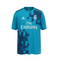 Hinchas Sportswear Store Real Madrid 2017-18 turquoise blue Adidas Adizero third jersey with white Fly Emirates sponsor and navy pixel pattern.