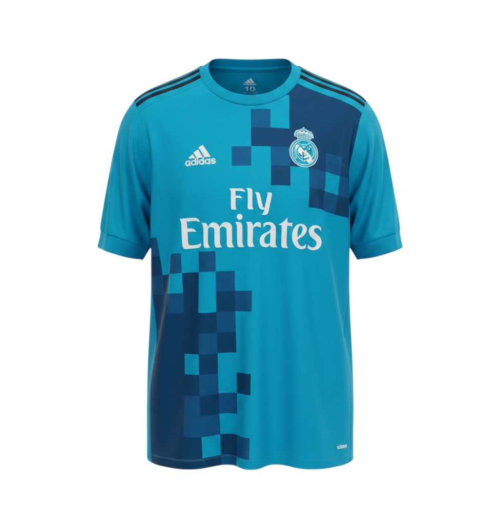 Hinchas Sportswear Store Real Madrid 2017-18 turquoise blue Adidas Adizero third jersey with white Fly Emirates sponsor and navy pixel pattern.