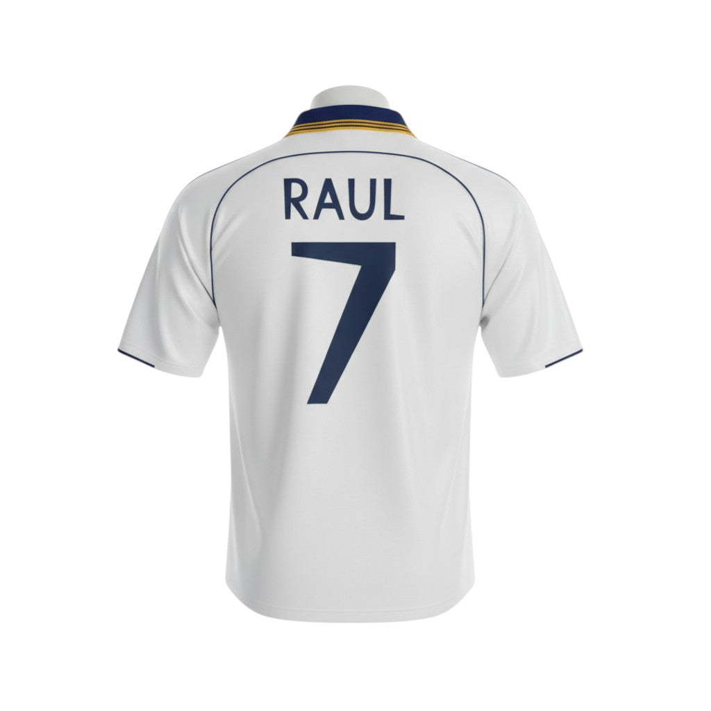 Hinchas Sportswear Store white retro Real Madrid jersey with navy blue trim and 'RAUL 7' on the back.