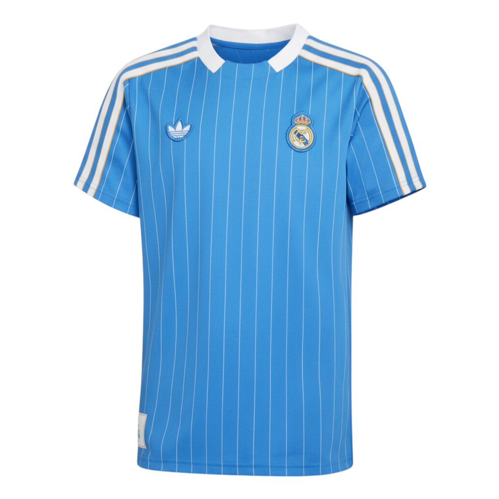 Hinchas Sportswear Store Real Madrid retro sky blue jersey with white pinstripes, white collar, and Adidas Originals branding.