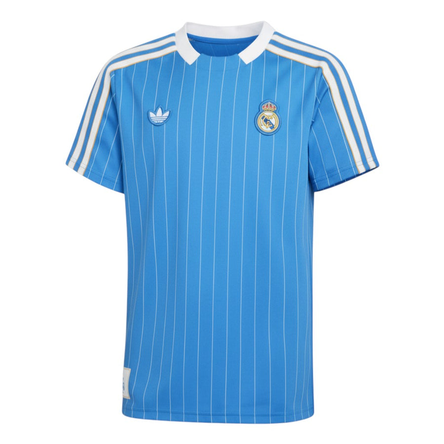 Hinchas Sportswear Store Real Madrid retro sky blue jersey with white pinstripes, white collar, and Adidas Originals branding.