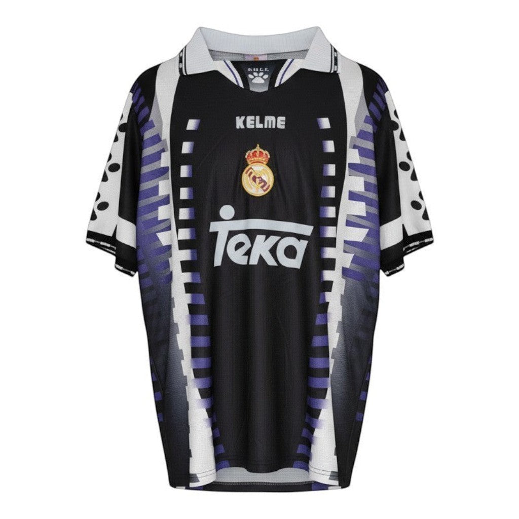 Hinchas Sportswear Store Real Madrid 1996-97 retro away jersey, black with white and purple geometric patterns, Kelme and Teka logos.