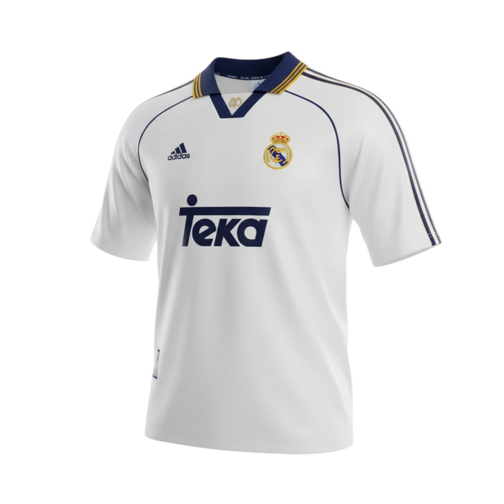 Hinchas Sportswear Store white Real Madrid retro jersey 1998-2000 with navy and gold trim, featuring the Teka sponsor and embroidered crest.
