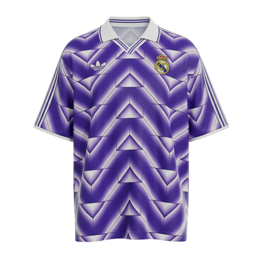 Hinchas Sportswear Store Real Madrid retro purple jersey with white Adidas stripes and geometric pattern. Features embroidered crest.