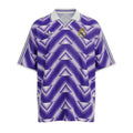 Hinchas Sportswear Store Real Madrid retro purple jersey with white Adidas stripes and geometric pattern. Features embroidered crest.