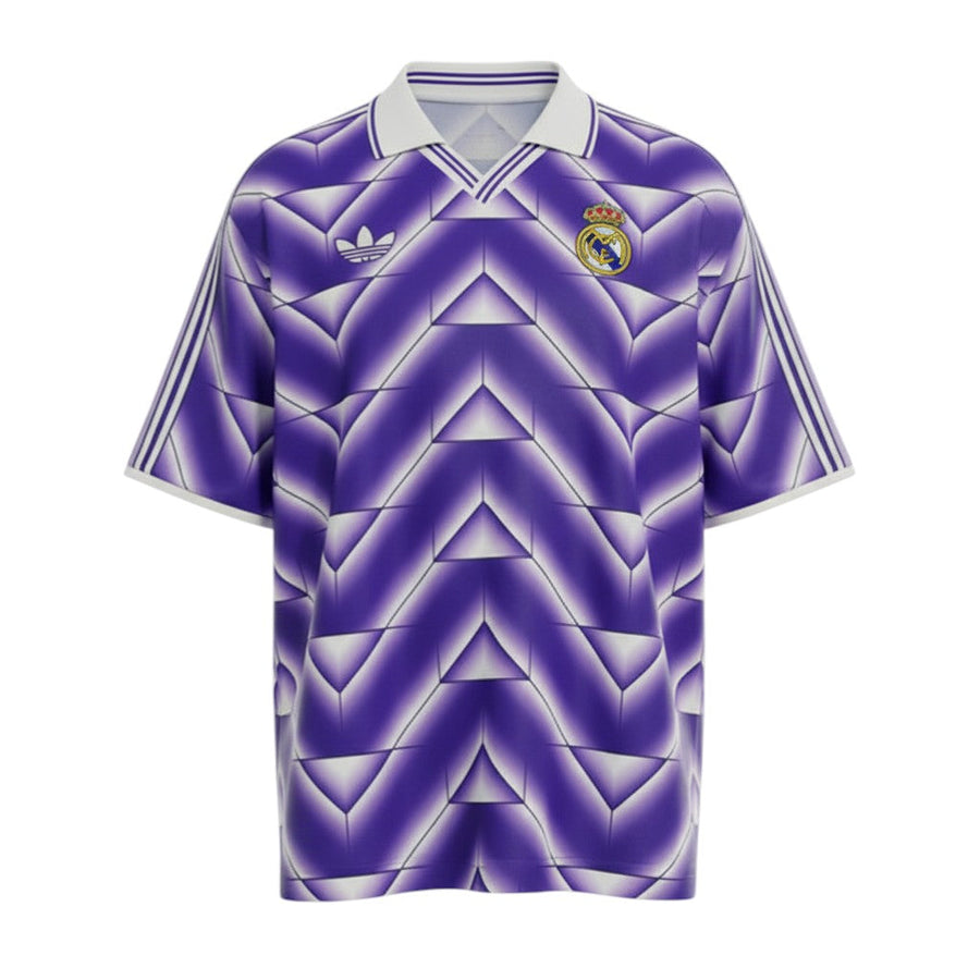 Hinchas Sportswear Store Real Madrid retro purple jersey with white Adidas stripes and geometric pattern. Features embroidered crest.