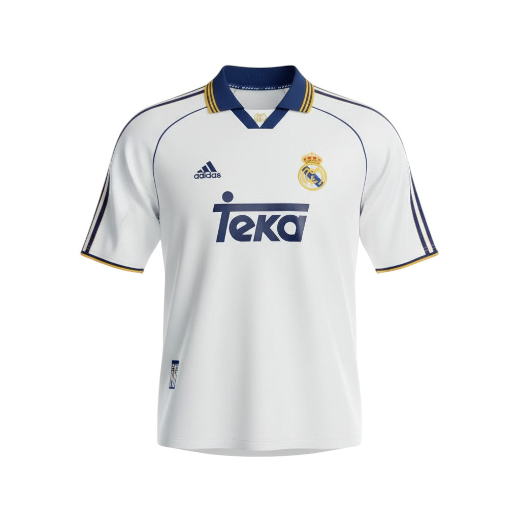 Hinchas Sportswear Store white Real Madrid 1999-2000 Roberto Carlos home jersey with blue and gold trim.