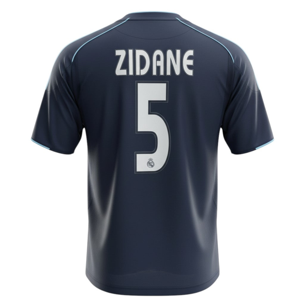 Hinchas Sportswear Store Real Madrid Zidane 2003/04 retro away jersey, dark blue with light blue Adidas stripes and number 5.