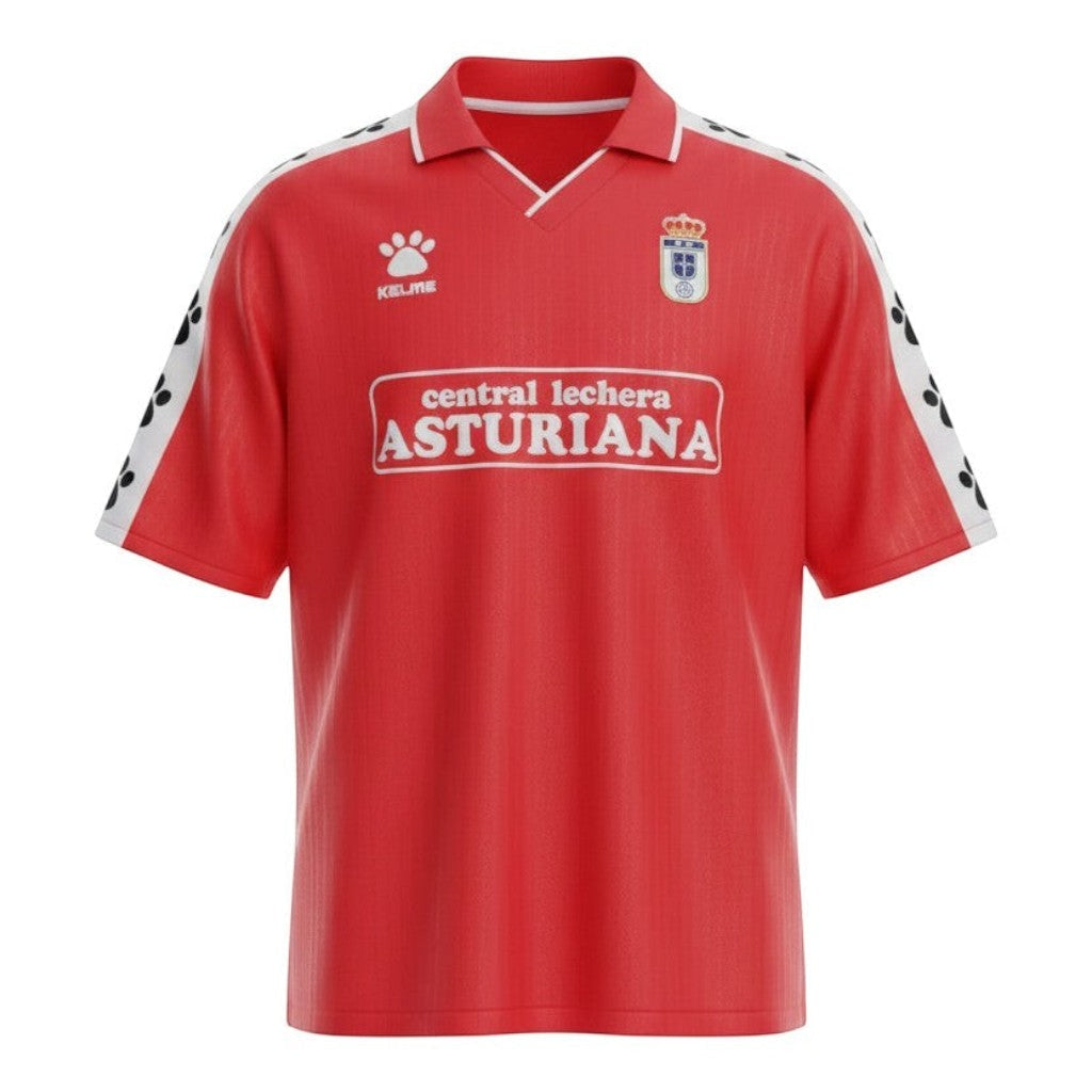 Hinchas Sportswear Store Real Oviedo 1991/92 retro red jersey with white sleeves featuring black paw prints and Central Lechera Asturiana sponsor.