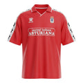 Hinchas Sportswear Store Real Oviedo 1991/92 retro red jersey with white sleeves featuring black paw prints and Central Lechera Asturiana sponsor.