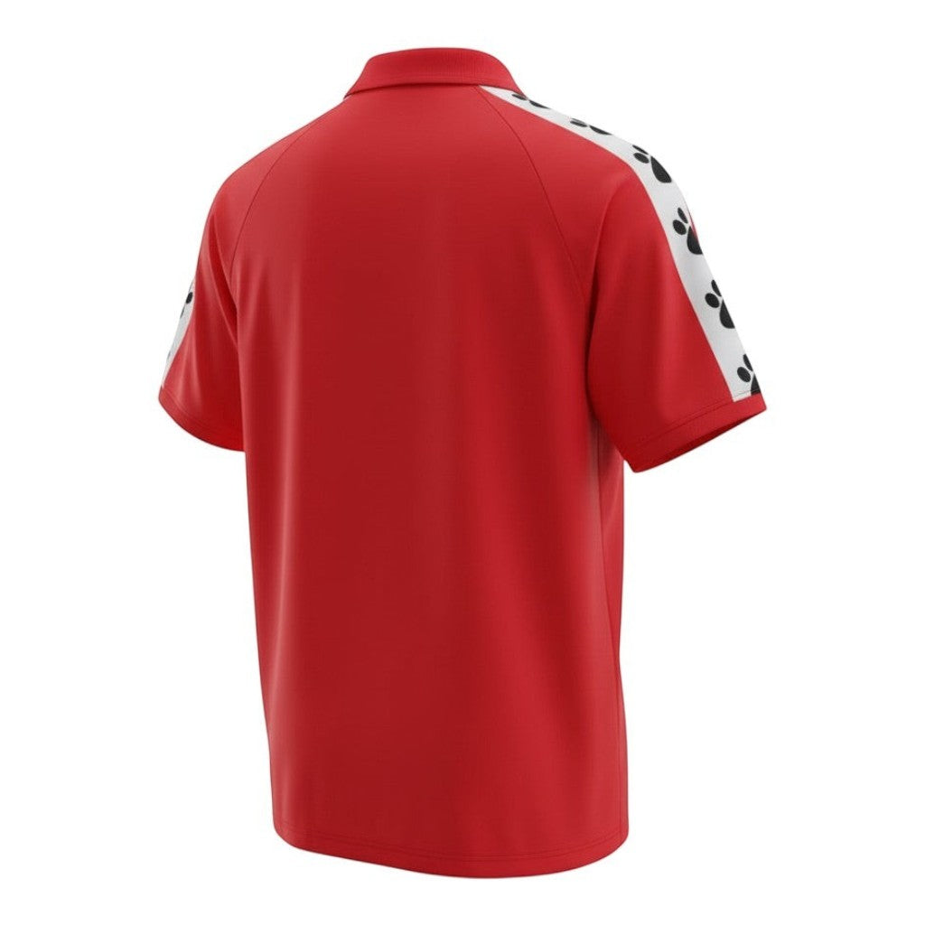 Hinchas Sportswear Store Real Oviedo 1991/92 retro red jersey with white sleeves featuring black paw prints and polo collar.