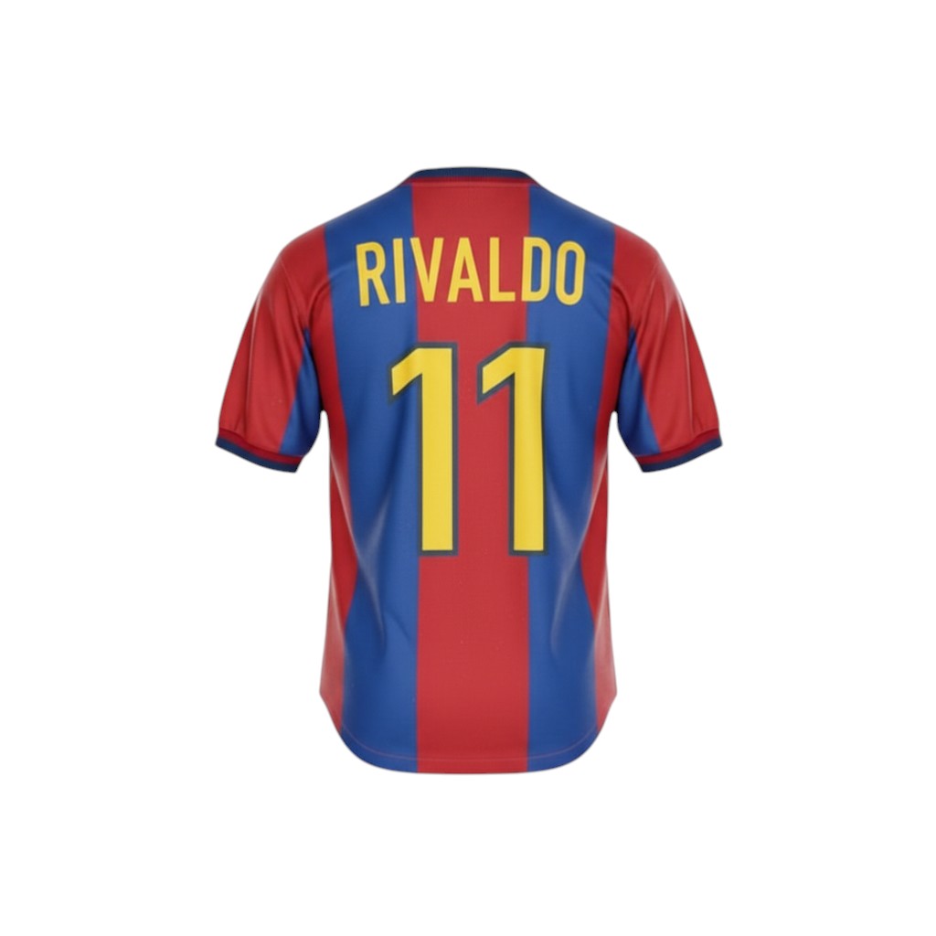 Hinchas Sportswear Store Rivaldo 11 Barcelona 98-01 home jersey, red and blue stripes, yellow numbers.
