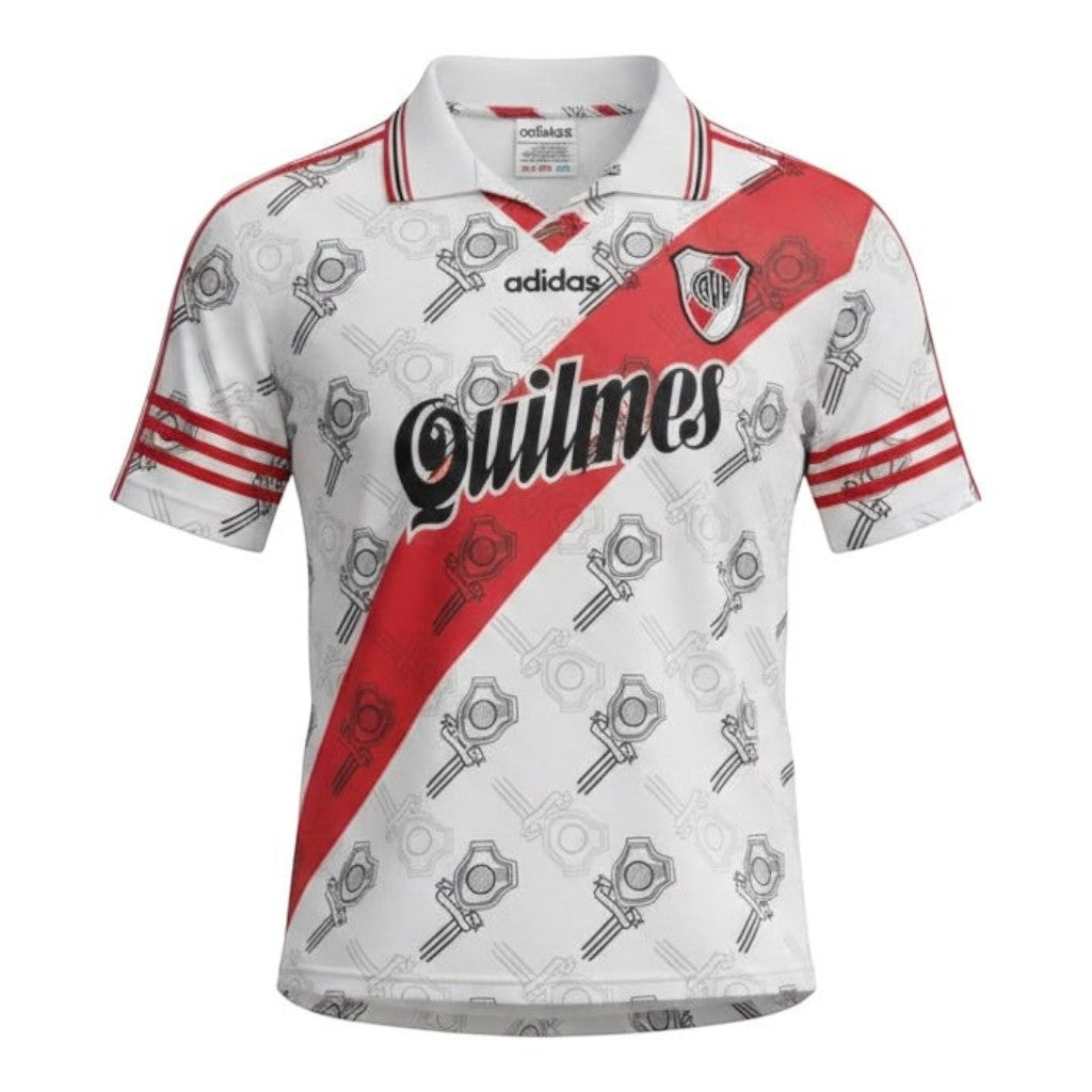 Hinchas Sportswear Store River Plate 1995 retro white jersey with red sash, Quilmes sponsor, and all-over crest pattern.