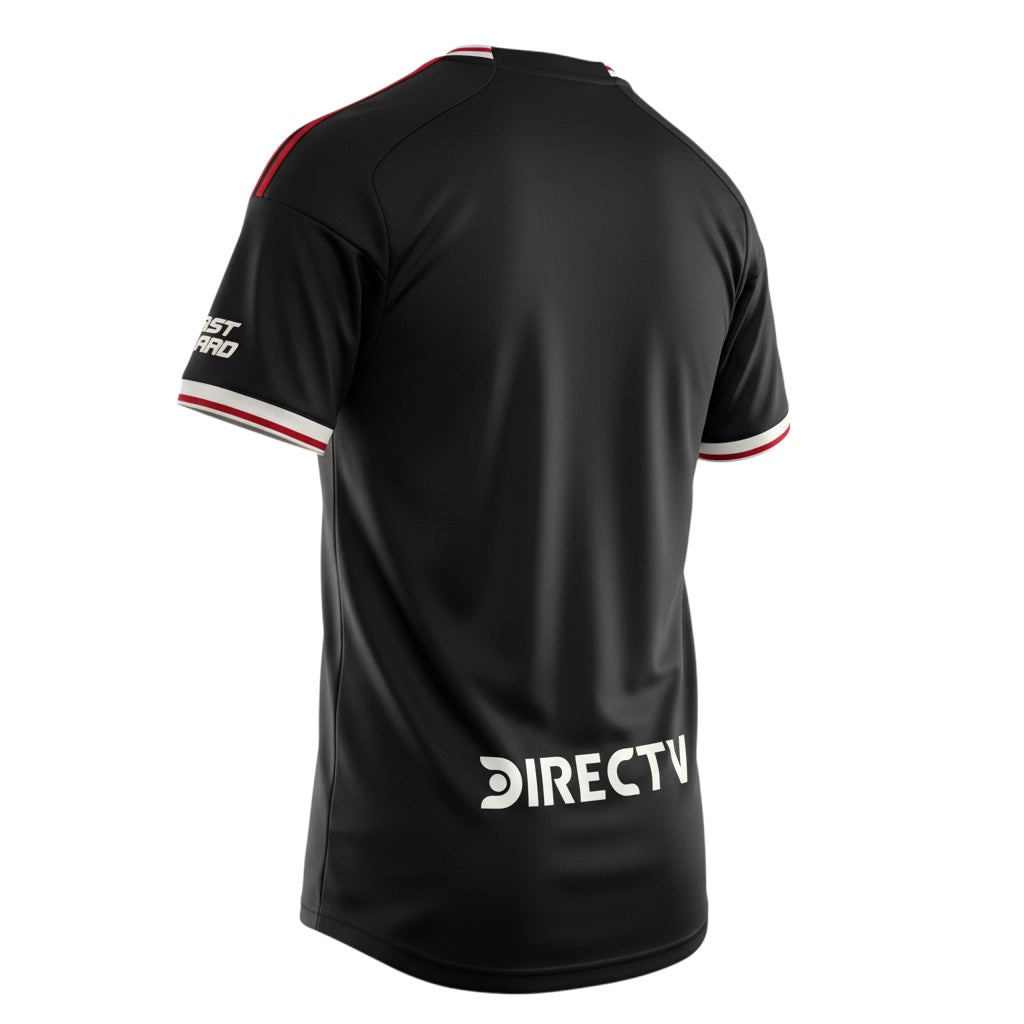 Hinchas Sportswear Store River Plate 2025/26 black away jersey with white and red trim on collar and sleeves.