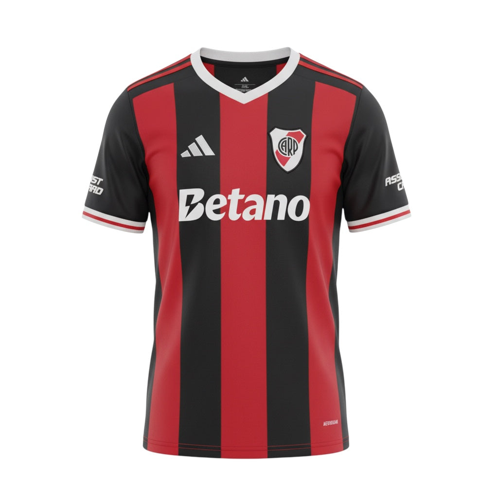 Hinchas Sportswear Store River Plate 2025/26 away jersey with red and black vertical stripes, white V-neck, and embroidered crest.