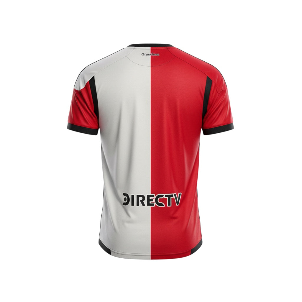 Hinchas Sportswear Store River Plate 2025/26 Third Jersey: striking split red and white design with black vertical stripe, crew neck, Adidas branding.