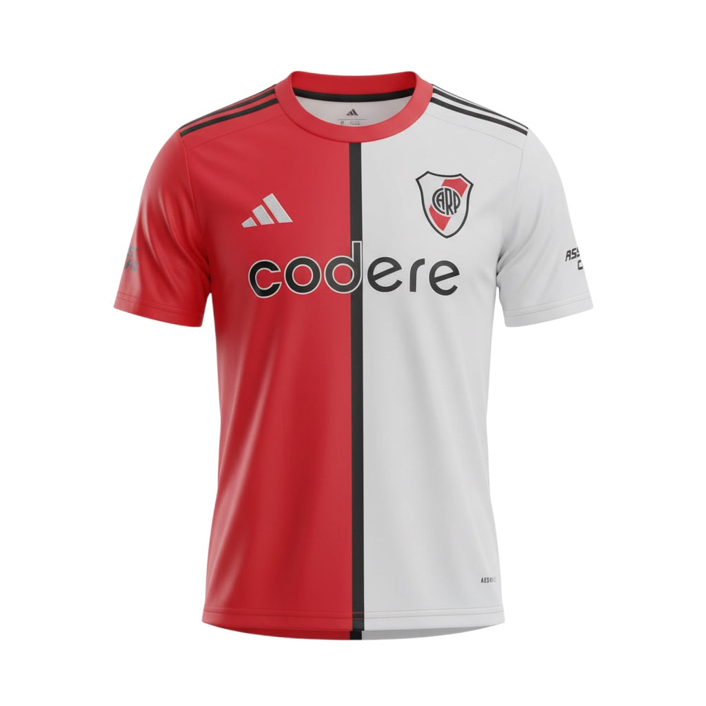 Hinchas Sportswear Store: River Plate 2025/26 Adidas third jersey, red and white split design, black stripe, crew neck, Aeroready fabric.