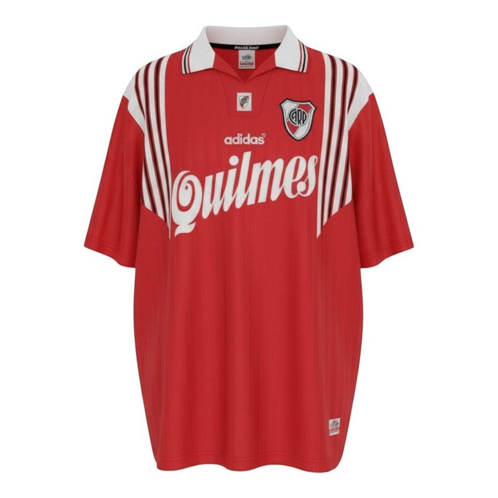 Hinchas Sportswear Store River Plate 1995/96 retro away jersey, red with white V-yoke, black stripes, white polo collar, Adidas logo, Quilmes sponsor.