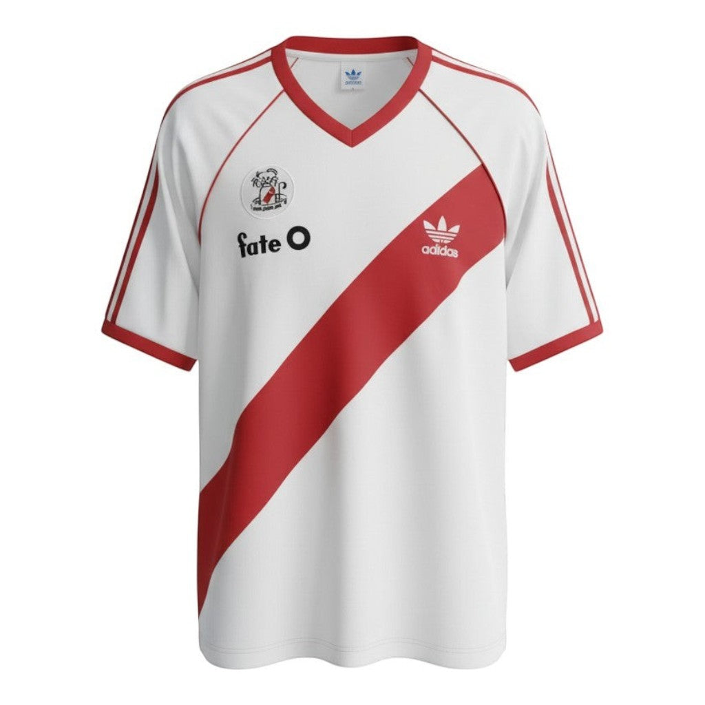 Hinchas Sportswear Store River Plate 1986/87 retro white jersey with red sash, red collar, and Adidas Originals logo.