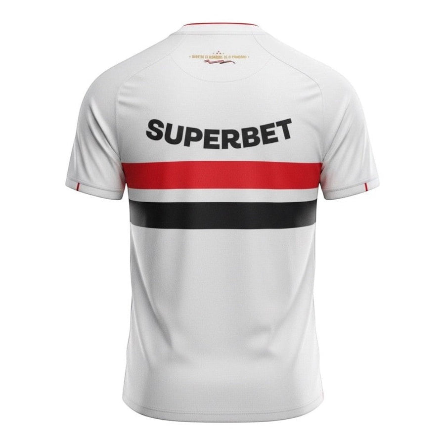 Hinchas Sportswear Store São Paulo FC 2025/26 home jersey, white with red and black stripes, 'SUPERBET' logo on back.