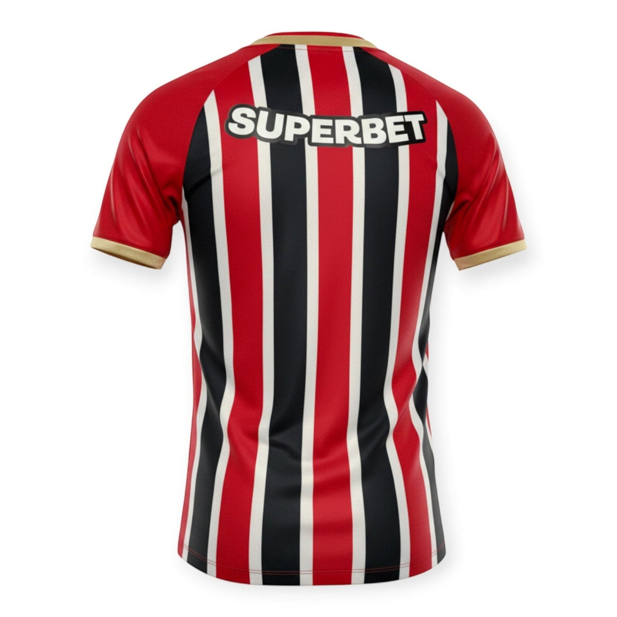 Hinchas Sportswear Store São Paulo FC 2025/26 away jersey with red, black, and white vertical stripes. Features gold trim on collar and cuffs.
