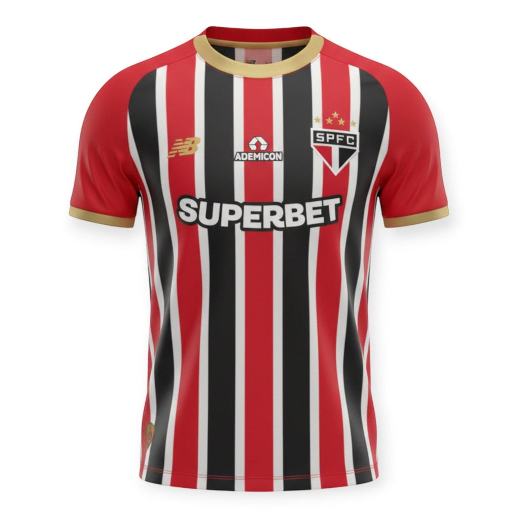 Hinchas Sportswear Store São Paulo FC 2024/25 away jersey with red, black, and white vertical stripes, gold trim, and embroidered crest.