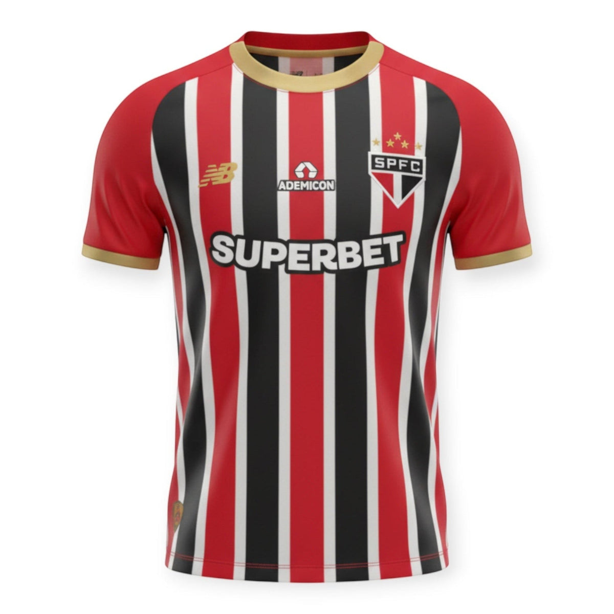 Hinchas Sportswear Store São Paulo FC 2024/25 away jersey with red, black, and white vertical stripes, gold trim, and embroidered crest.