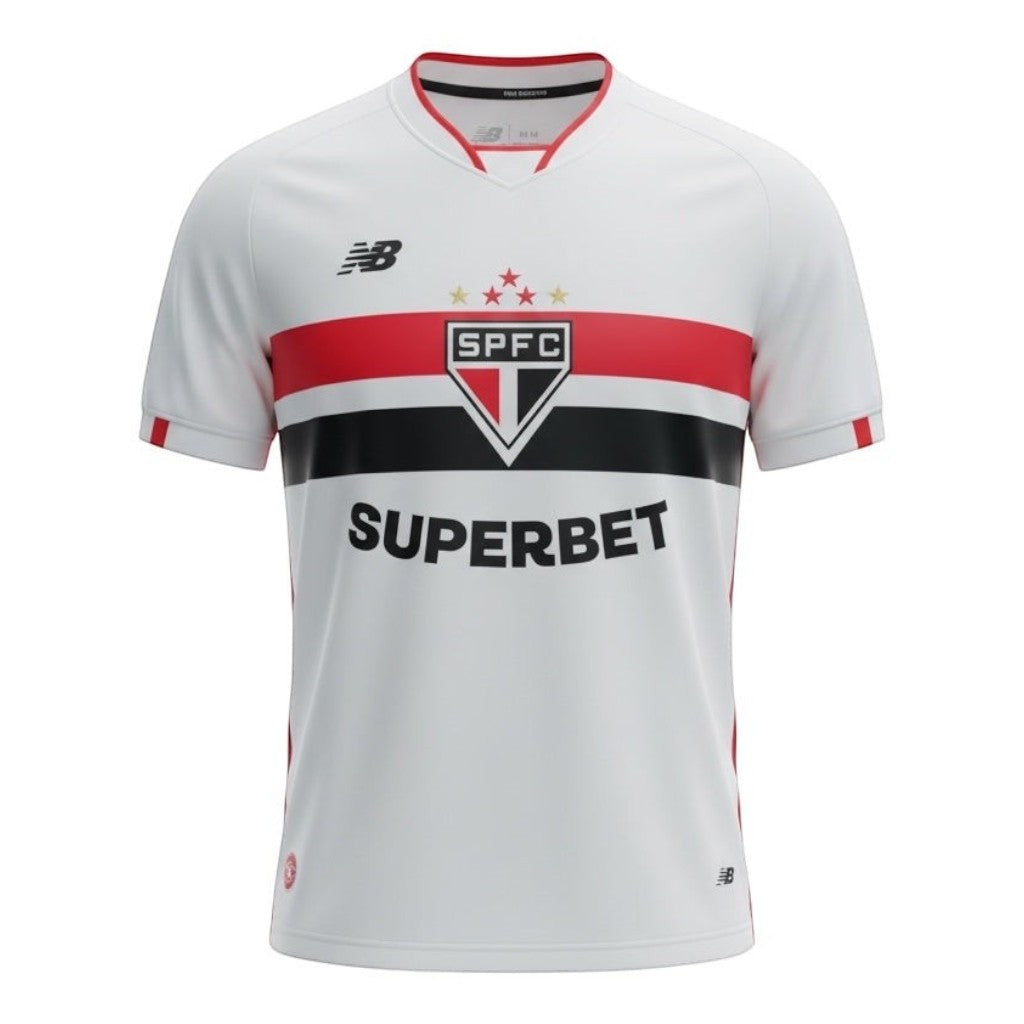 Hinchas Sportswear Store São Paulo FC 2025/26 home jersey. White with red and black horizontal stripes and red side stripes. Features embroidered crest and Superbet sponsor.
