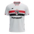 Hinchas Sportswear Store São Paulo FC 2025/26 home jersey. White with red and black horizontal stripes and red side stripes. Features embroidered crest and Superbet sponsor.