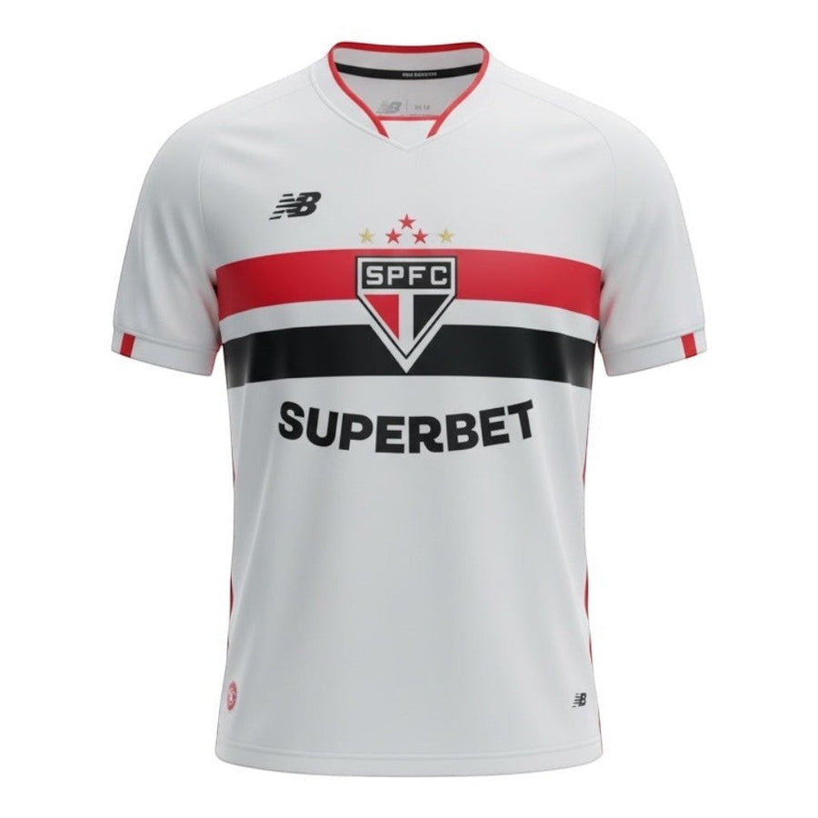 Hinchas Sportswear Store São Paulo FC 2025/26 home jersey. White with red and black horizontal stripes and red side stripes. Features embroidered crest and Superbet sponsor.