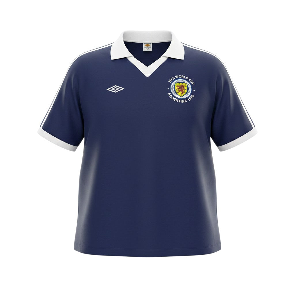Hinchas Sportswear Store navy blue 1978 Scotland FIFA World Cup jersey with white V-neck collar, shoulder stripes, and crest.
