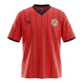 Hinchas Sportswear Store Scotland 1982 retro away jersey, red with black pinstripes, black V-neck, and SFA crest.