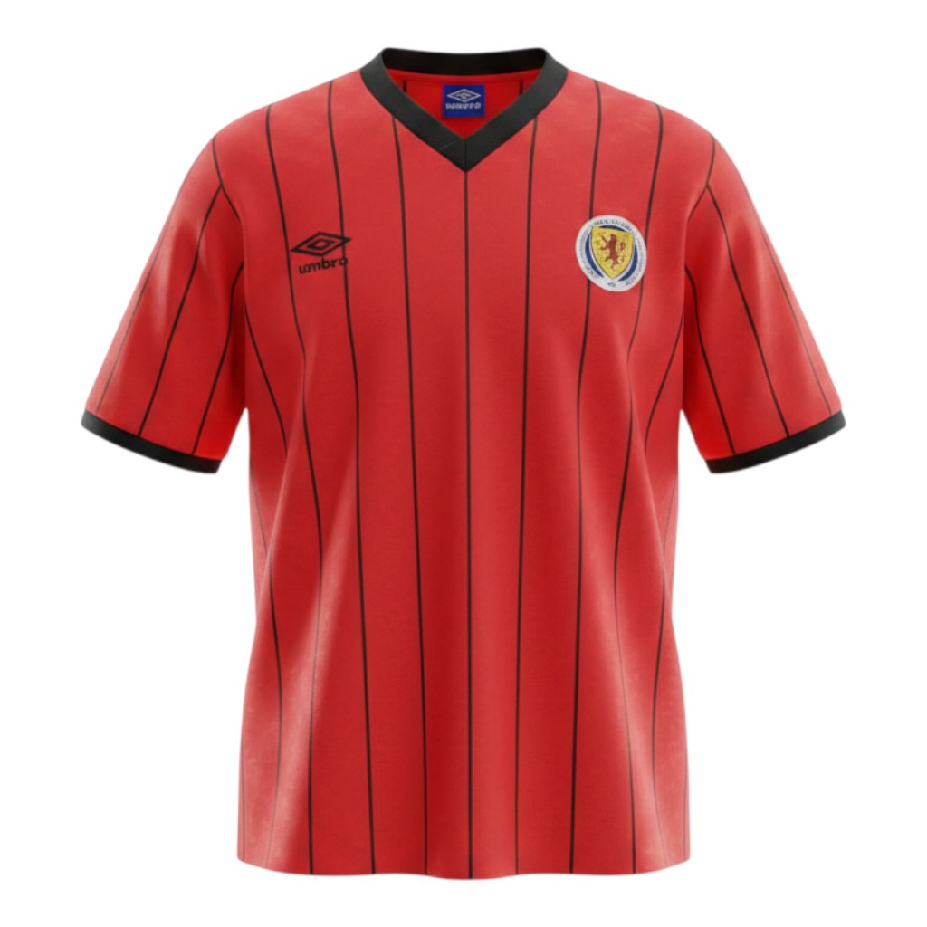 Hinchas Sportswear Store Scotland 1982 retro away jersey, red with black pinstripes, black V-neck, and SFA crest.