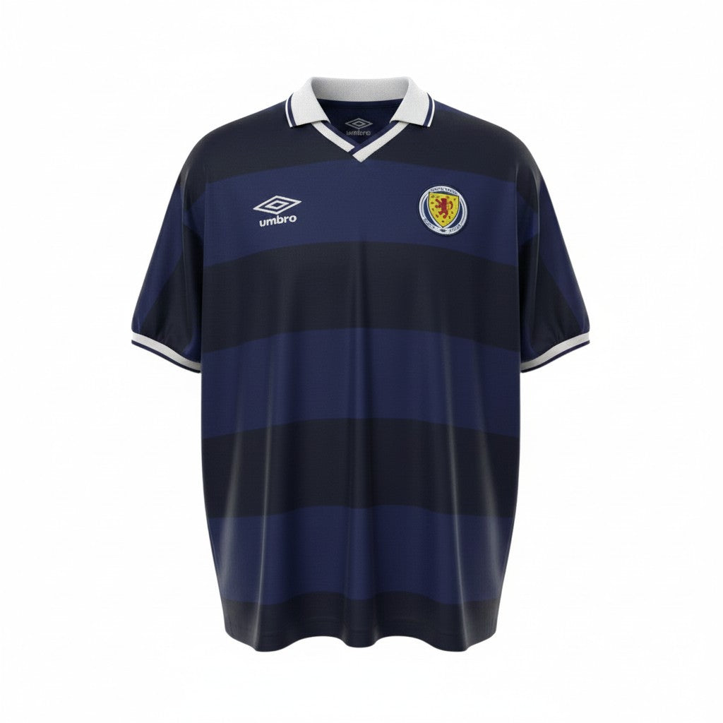 Hinchas Sportswear Store Scotland 1986 retro navy jersey with tonal hoops, white V-neck collar, and Umbro logo.