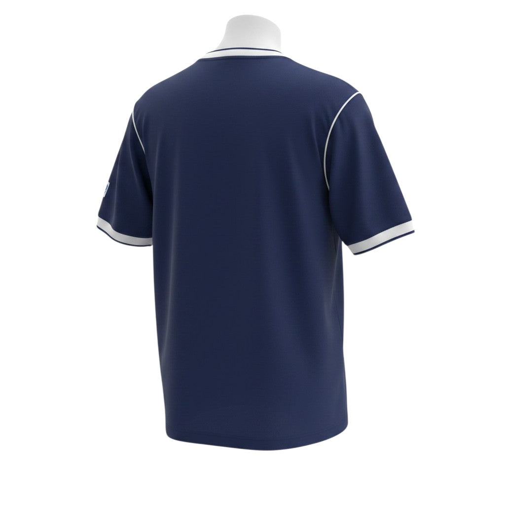 Hinchas Sportswear Store Scotland 1986 retro home jersey. Navy blue with white V-neck collar and cuffs. Features piping down the sides.