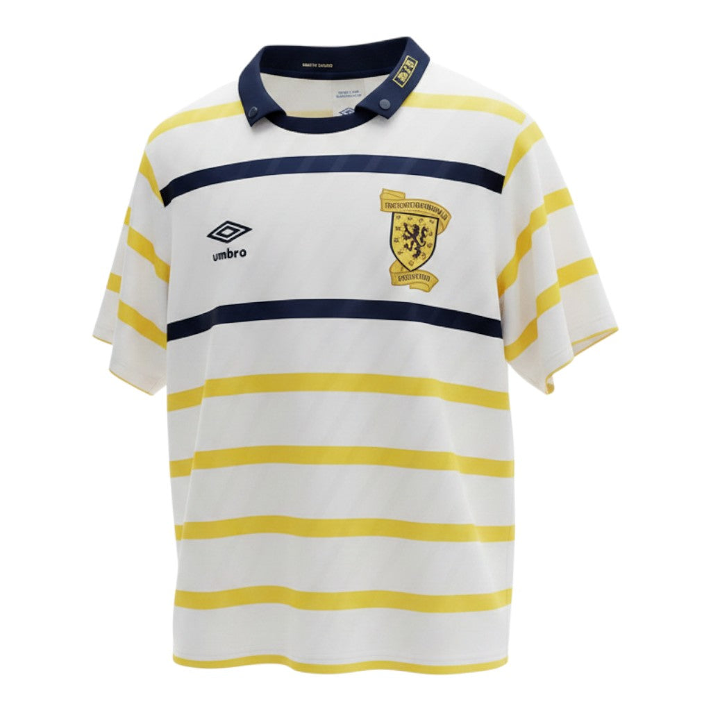 Hinchas Sportswear Store Scotland 1988 away jersey: white with yellow and navy stripes, navy collar, gold SFA crest.