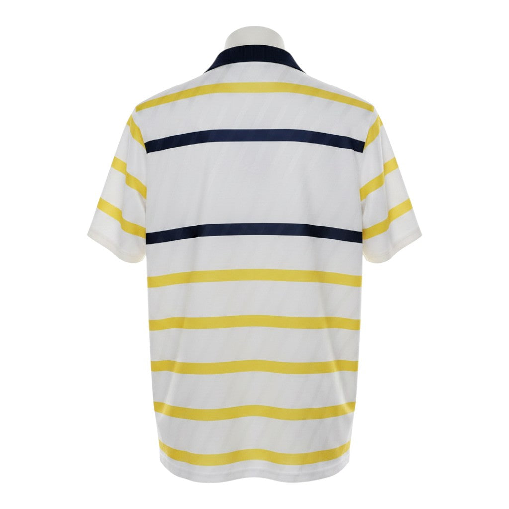 Hinchas Sportswear Store Scotland 1988 retro away jersey, white with yellow and navy blue horizontal stripes, navy collar.