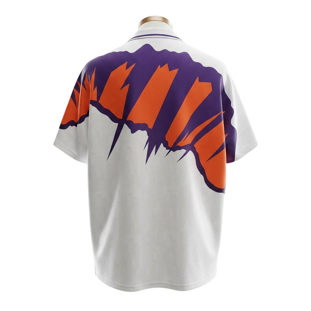 Hinchas Sportswear Store Scotland 1991 Away Jersey: white with abstract purple and orange jagged panels, polo collar.