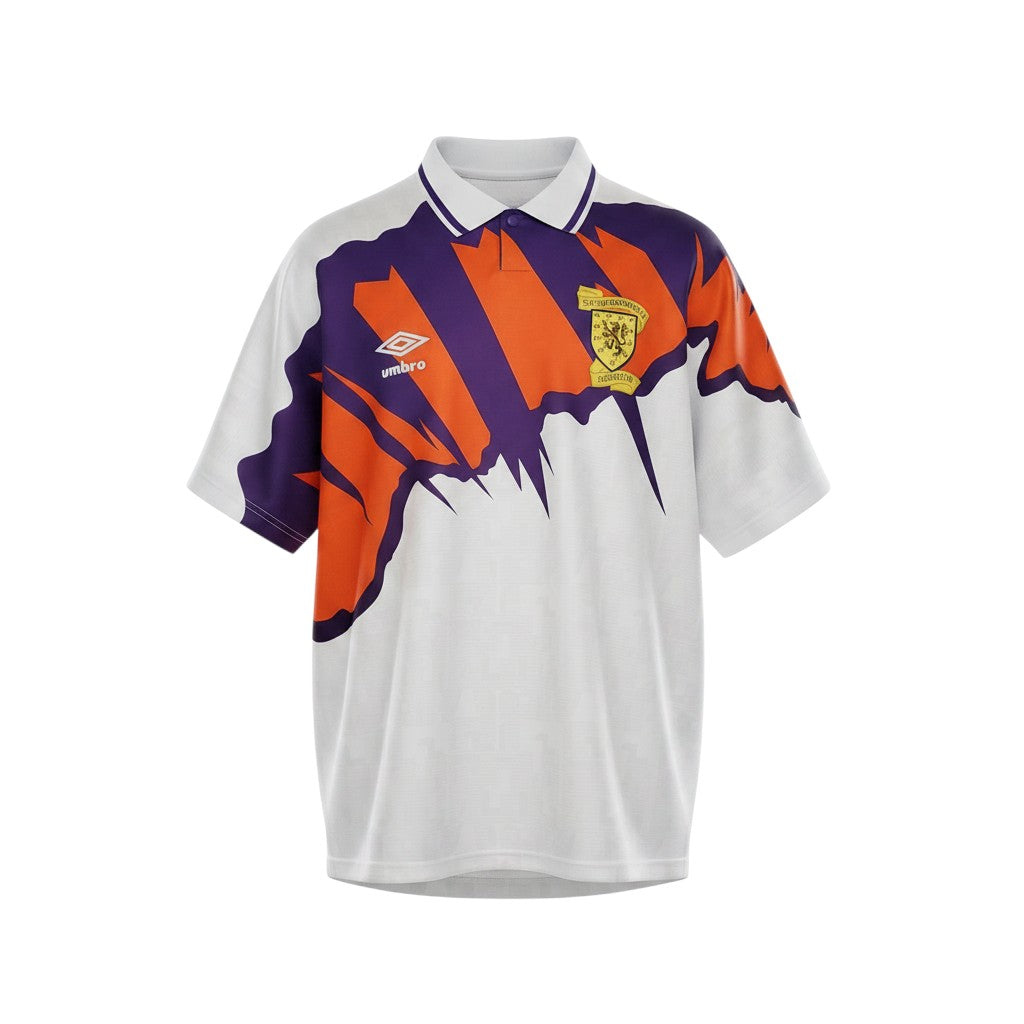 Hinchas Sportswear Store Scotland 1991 Away Jersey: white with abstract purple and orange jagged panels, polo collar, Umbro logo, SFA crest.
