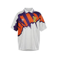 Hinchas Sportswear Store Scotland 1991 Away Jersey: white with abstract purple and orange jagged panels, polo collar, Umbro logo, SFA crest.