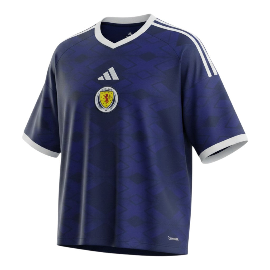 Hinchas Sportswear Store Scotland 2026 navy blue Adidas Climacool football jersey with white accents and jacquard pattern.