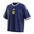 Hinchas Sportswear Store Scotland 2026 navy blue Adidas Climacool football jersey with white accents and jacquard pattern.