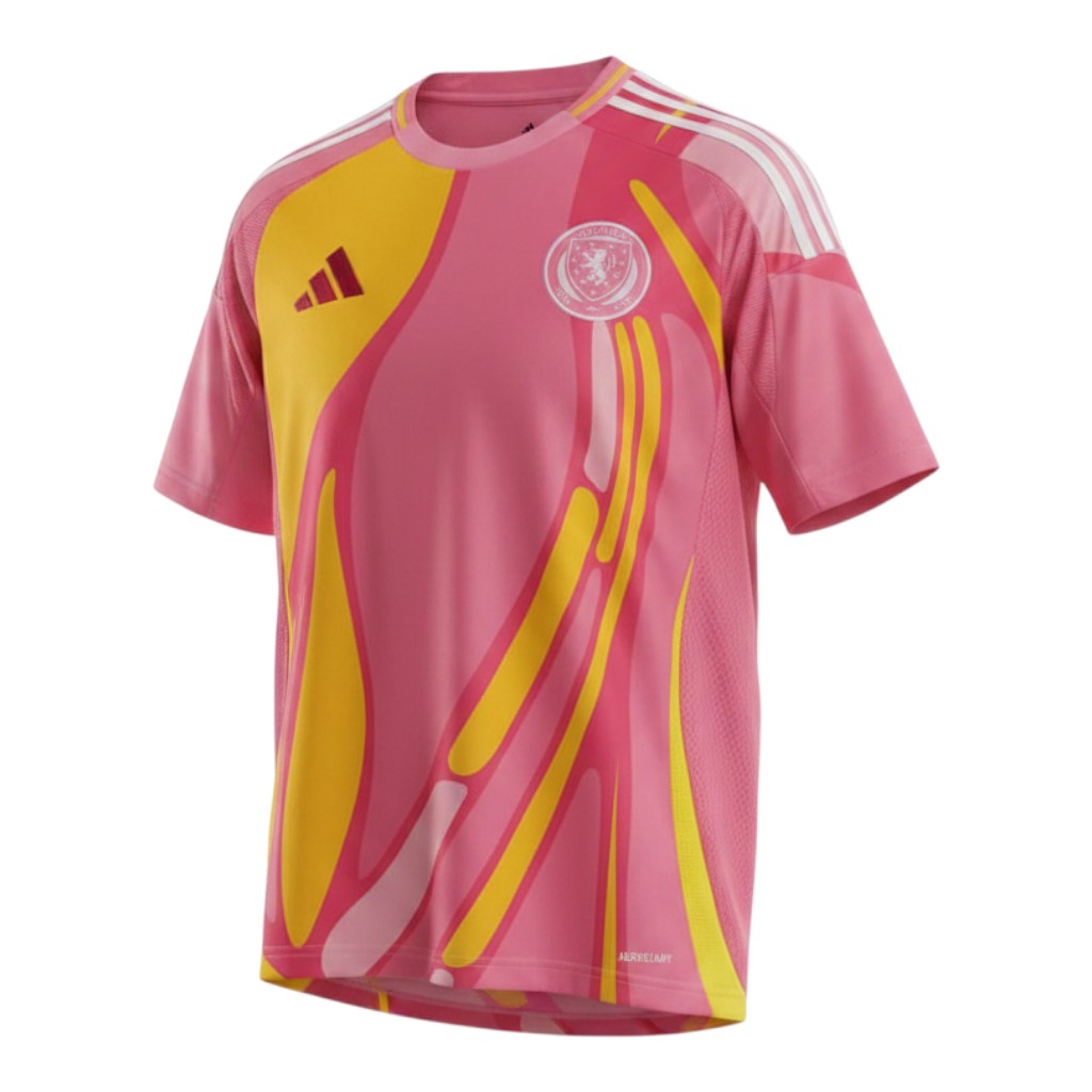 Hinchas Sportswear Store Scotland 2024 Away Jersey in pink with yellow brushstroke graphics, white Adidas stripes on shoulders, and crest.