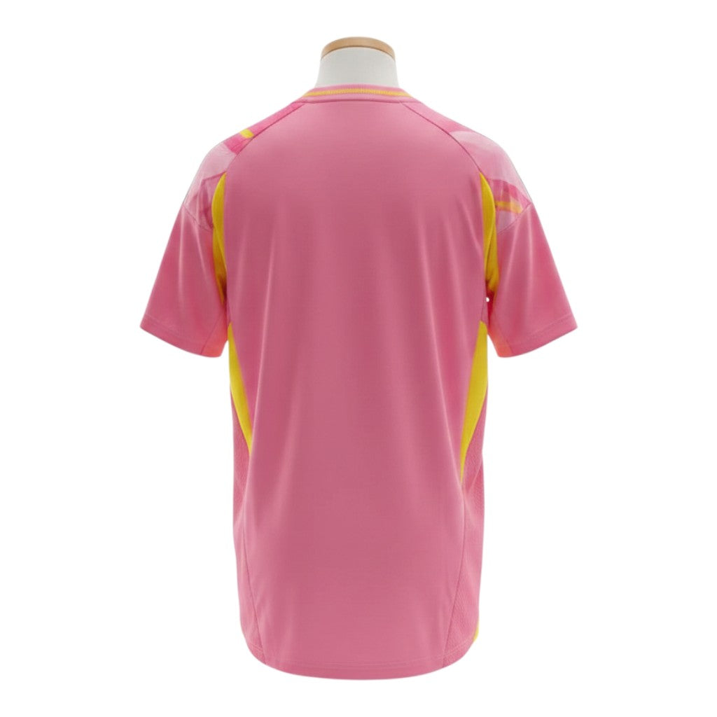 Hinchas Sportswear Store Scotland 2024 away jersey in vibrant pink with yellow accents and the Saltire flag badge.