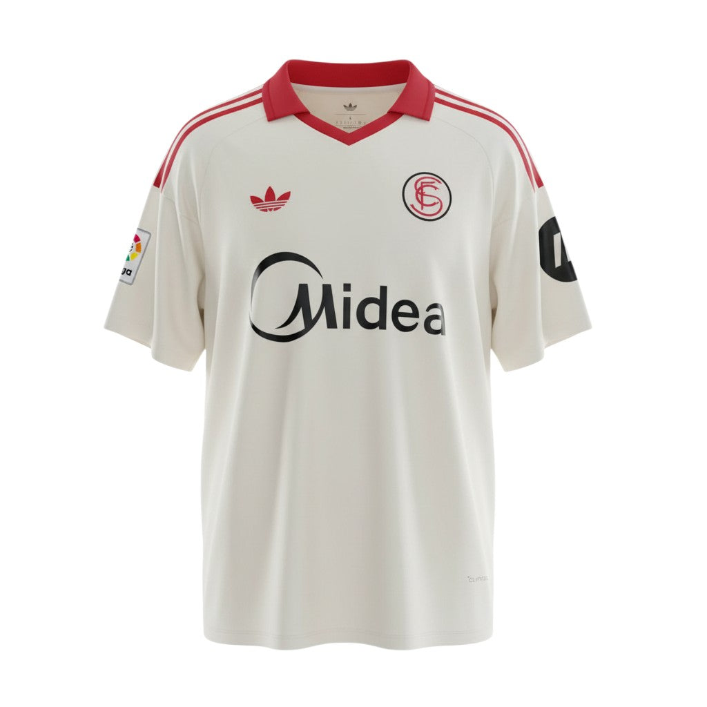 Hinchas Sportswear Store Sevilla FC 2025/26 retro home jersey, off-white with red collar and stripes, Adidas logo, Midea sponsor.