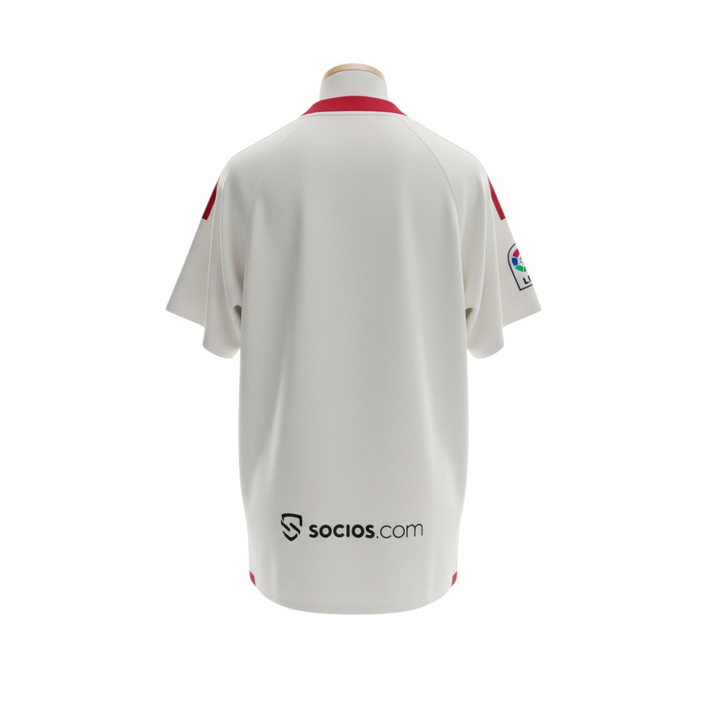 Hinchas Sportswear Store Sevilla FC 2025/26 retro home jersey, off-white with red collar and shoulder stripes, featuring sponsors.